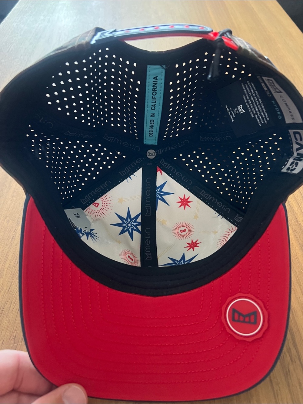 Melin Trucker Hat White Front Navy Brim Brown Mesh with Red Logo - Picture 2 of 4